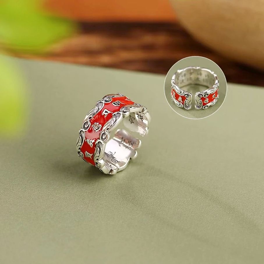 New six-word mantra ring women's national fashion niche artistic transfer opening adjustable index ring gift for the year of birth