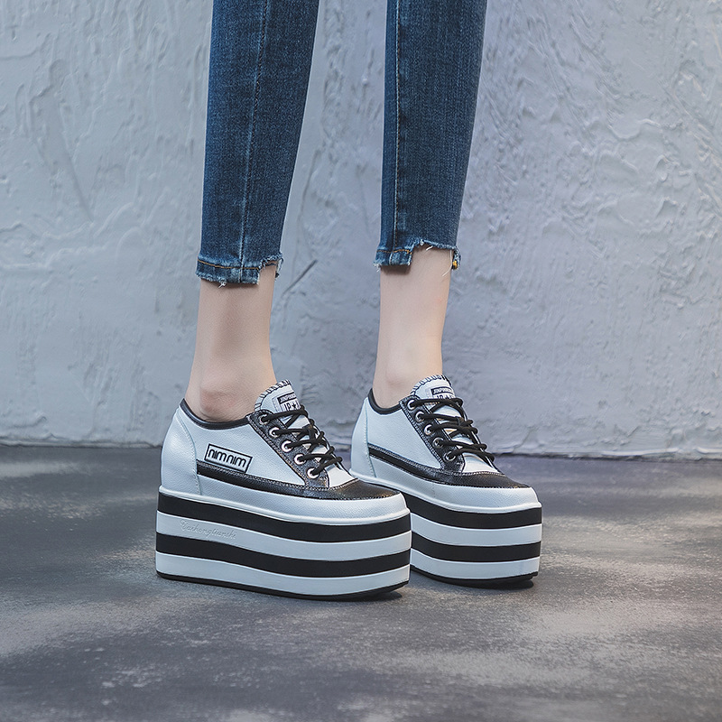 Women's Shoes with Internal Height Increase, 2026 Spring and Autumn New Style, Leather Upper, Ultra-High Heel, Platform Shoes, Thick-Soled White Casual Women's Shoes