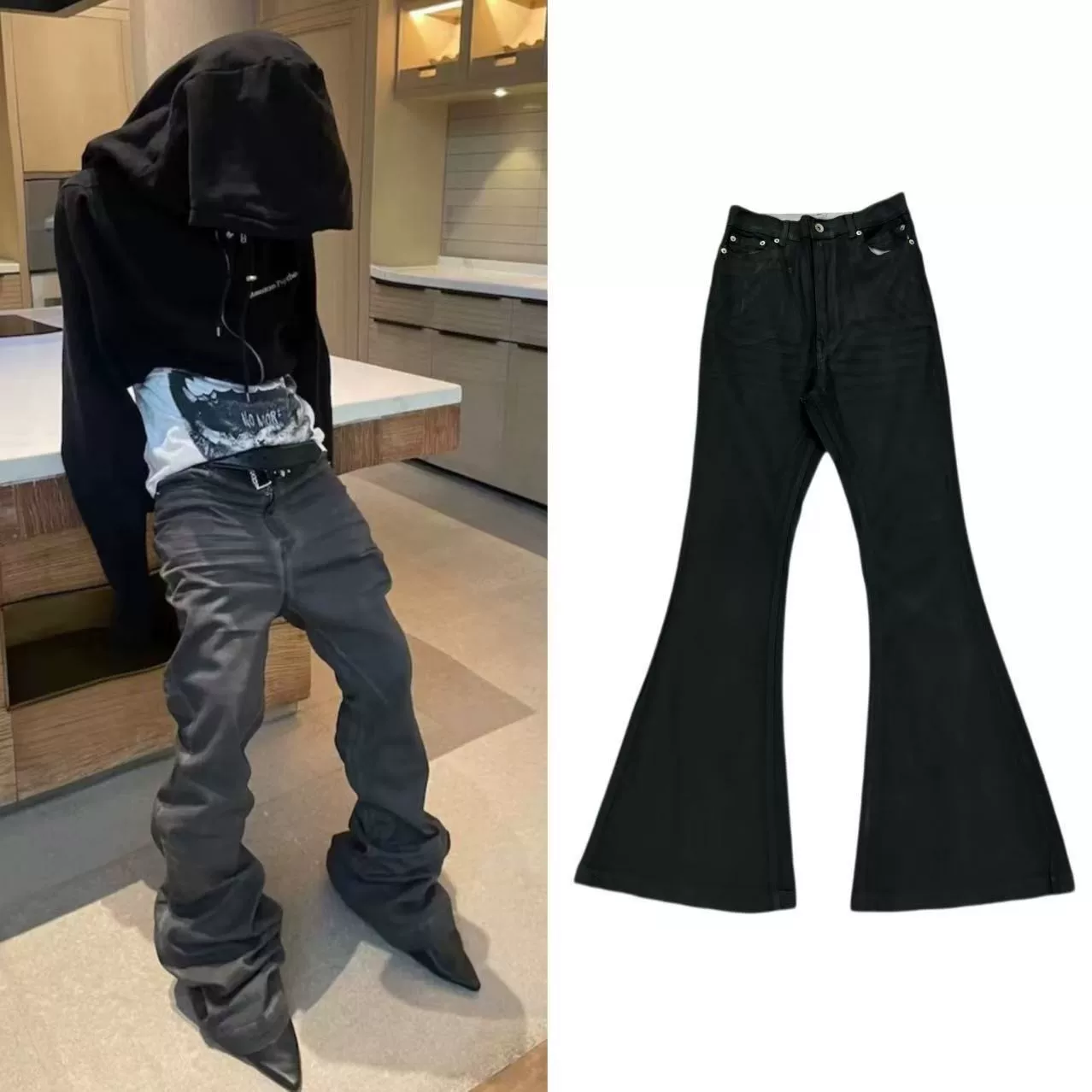 Original RO style distressed washed black grey coating brushed wax pants high street slimming micro horn stacking feeling jeans trendy men