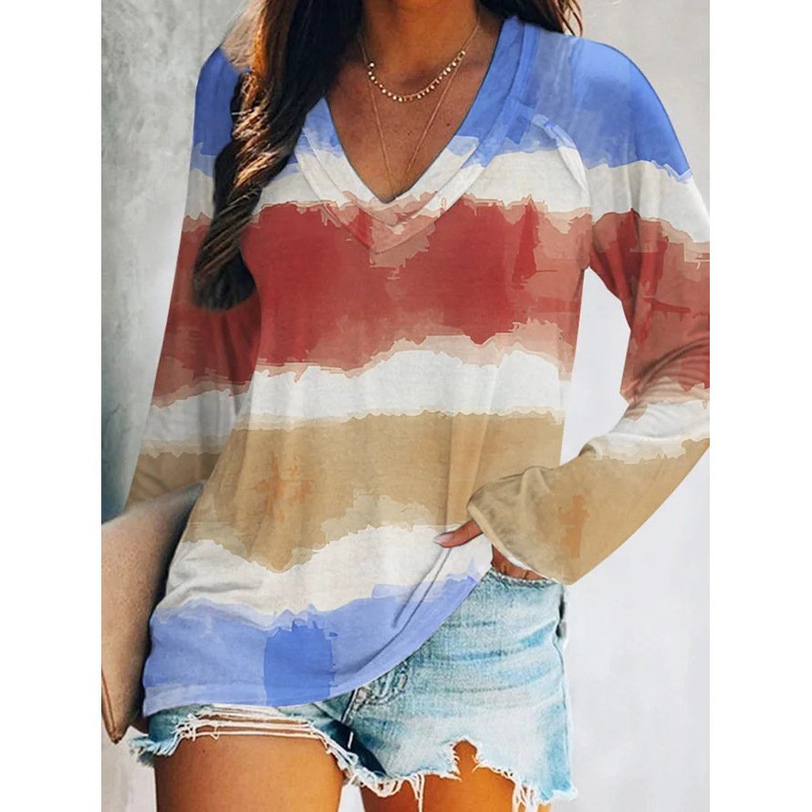 Fall/Winter 2024 European and American cross-border foreign trade women's clothing Amazon wish tie-dye gradient printed V-neck long-sleeved T-shirt for women