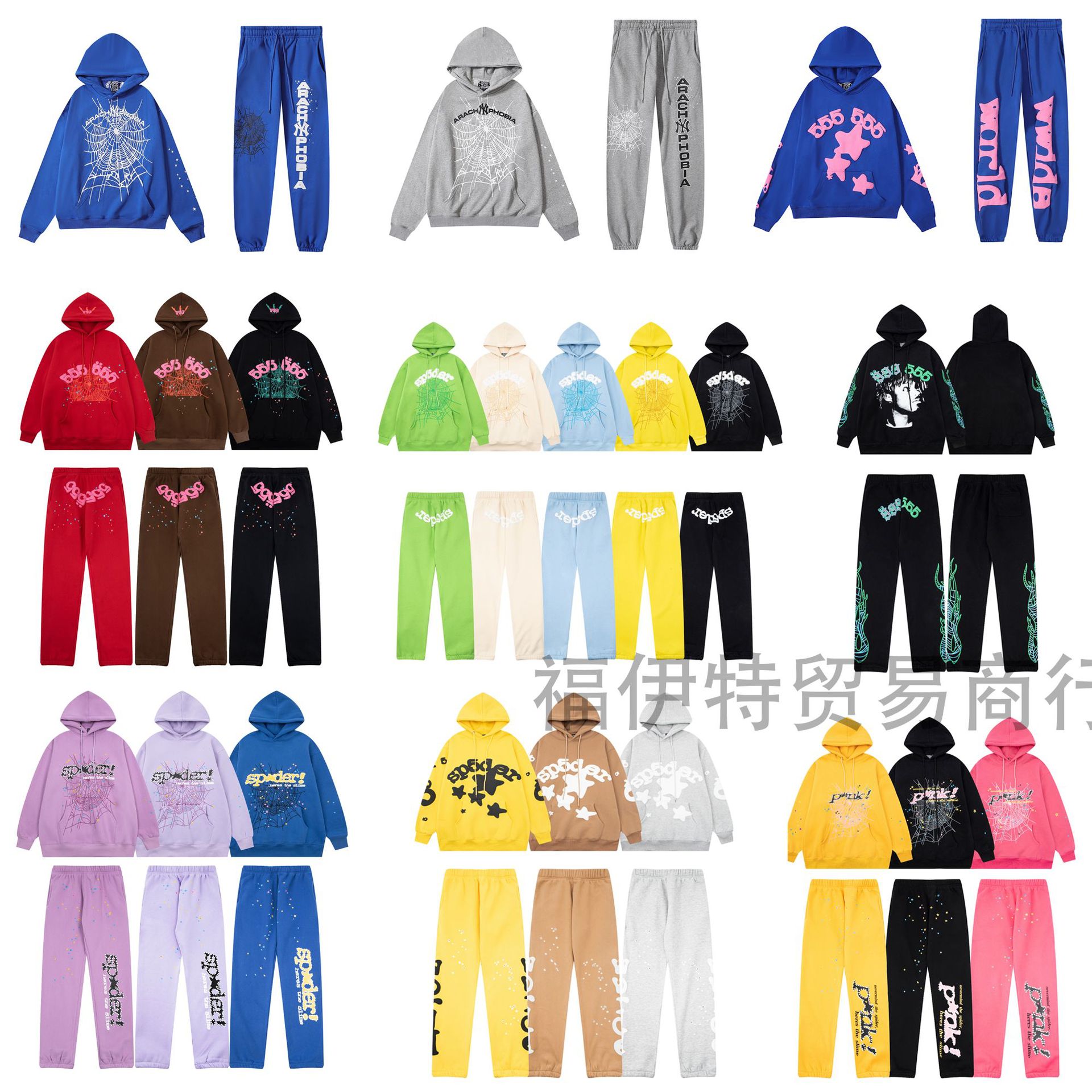 Cross-border foreign trade SP5DER collection foam letter spider pattern hooded hoodie hoodie suit pants fashion