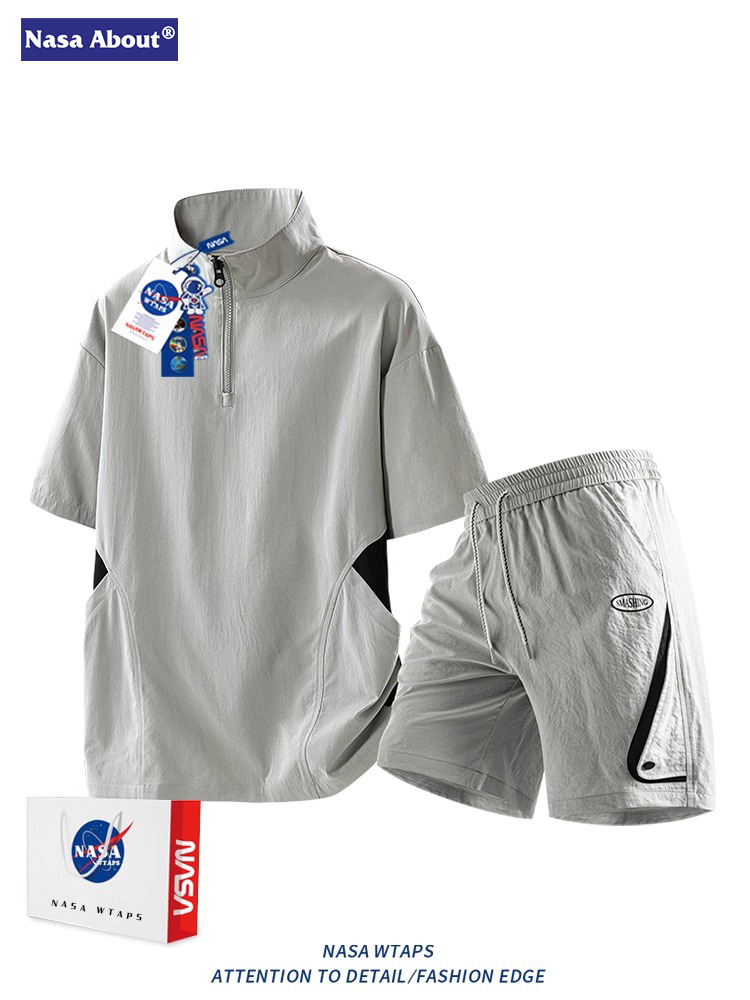 Nasa Ice Silk Half-Zip Short-Sleeved T-Shirt Men's Summer Plus Fat Plus Trendy Brand Thin Breathable T-Shirt Shorts Suit