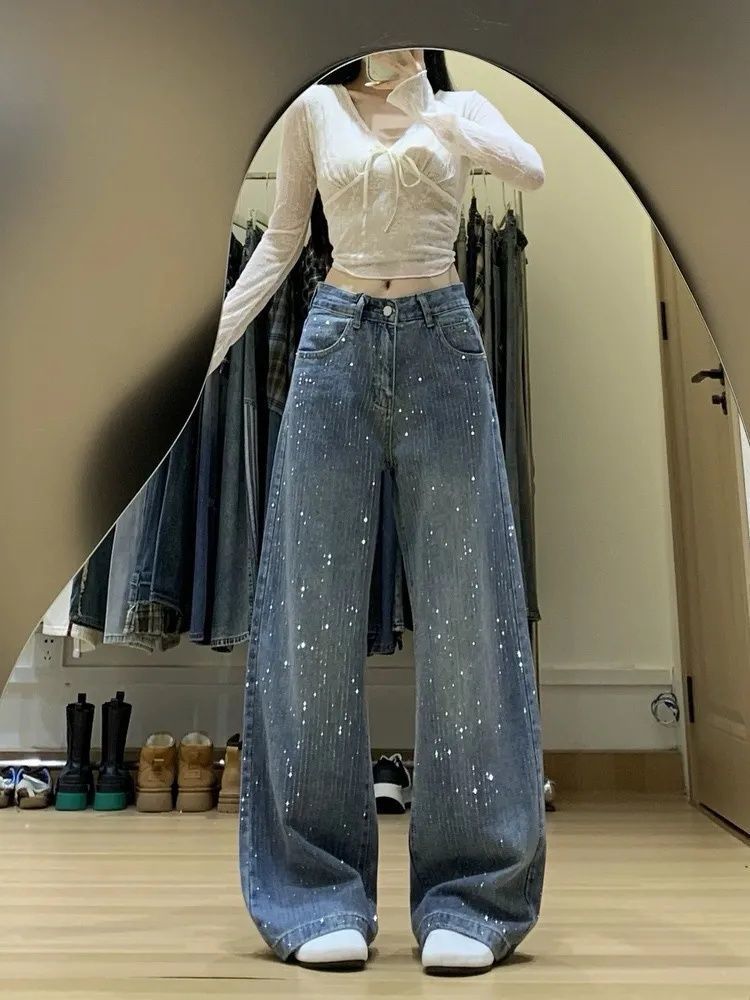 American-Style Rhinestone-Embellished Straight-Leg Jeans for Women, 2026 New High-Waisted Loose-Fitting Slimming Wide-Leg Floor-Length Pants