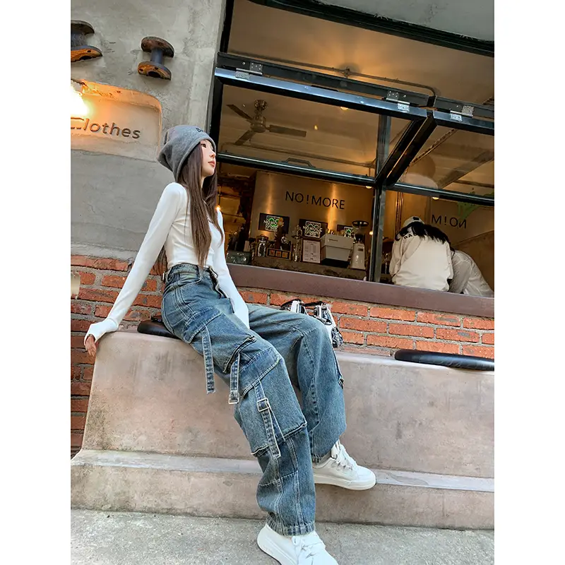 Earth Store American retro Multi Flap Pocket pants Casual Cargo Pants Women Autum New arrival Designed High Waist Wide Legs Denim