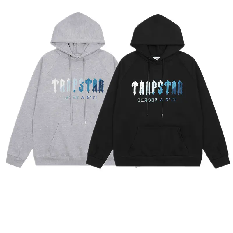 European and American Fashion Brand Trapstar White Blue Gradient Towel Embroidery Loose Casual Hooded Sweater for Men and Women