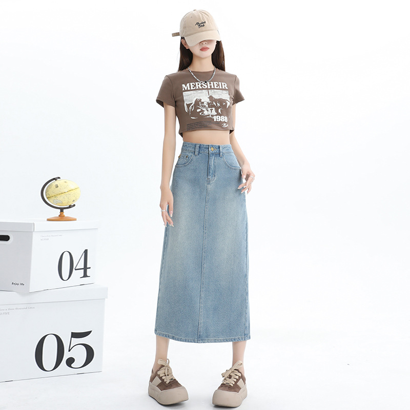 YKK light blue Star Pattern Jacquard Rear Split Leather Mid-Length Skirt Women's Summer A- Line Skirt Women's Summer