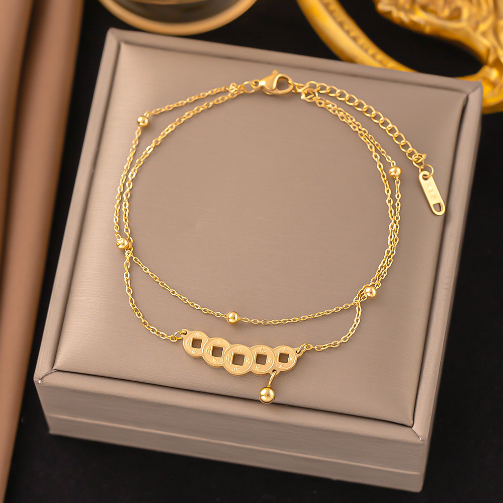 Europe and the United States cross-border wholesale titanium steel double-layer chain copper coin retro anklet female Chinese style niche foot chain does not fade