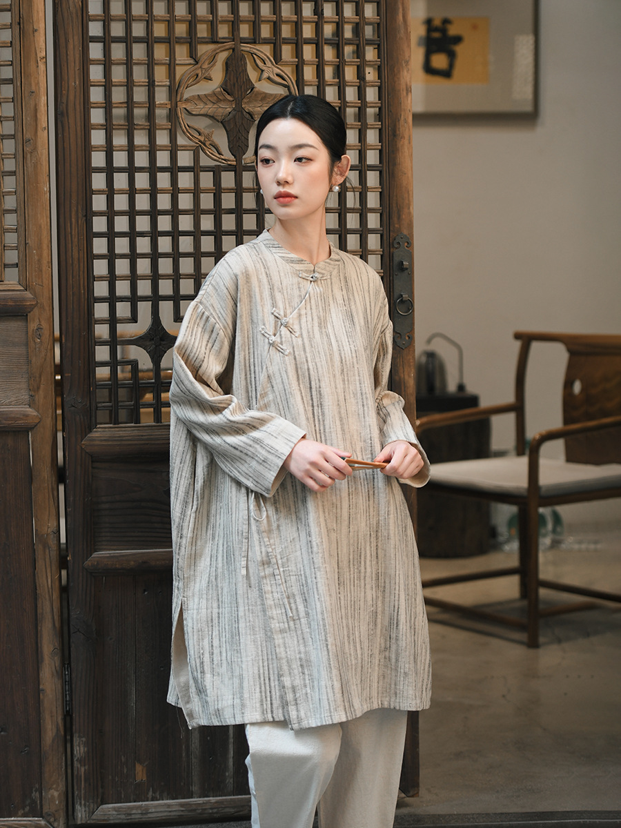 New Chinese Style Women's 2025 Spring New Printed Linen dress Women's Chinese Style Retro Mid-length Top
