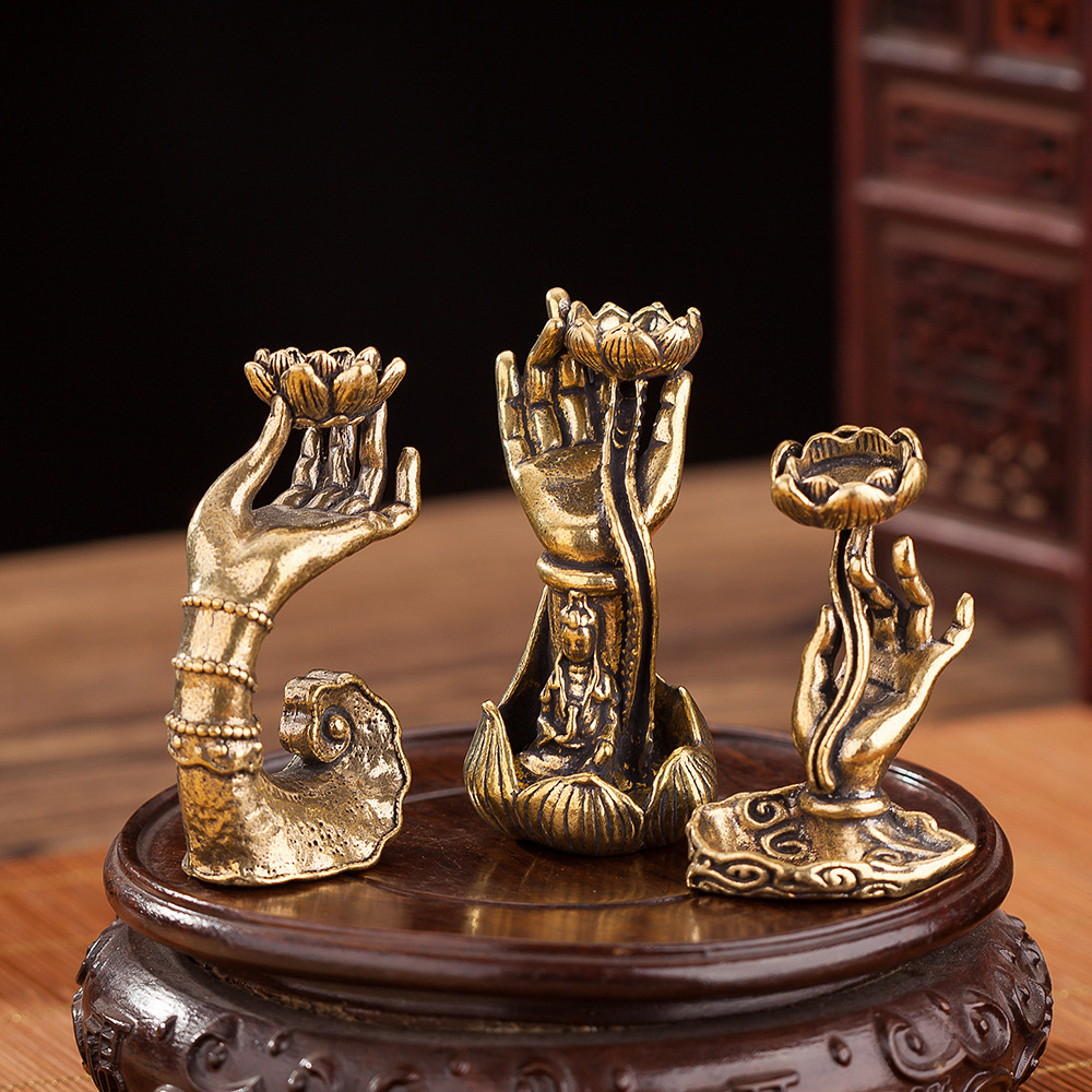 Antique Brass Lotus Leaf Lotus Backflow Incense Ornaments Desktop Buddha's Hand Lotus Guanyin Buddha's Hand Incense Burner Stand Incense Holder