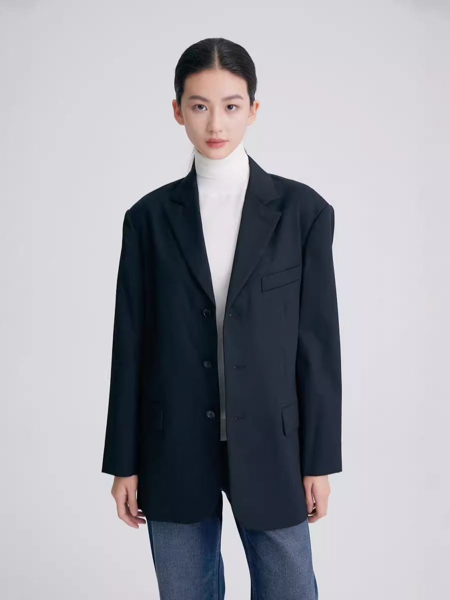 [UpperClass Series] R0W Large Profile European and American Simple Style Worsted Wool Women's Black Suit Jacket