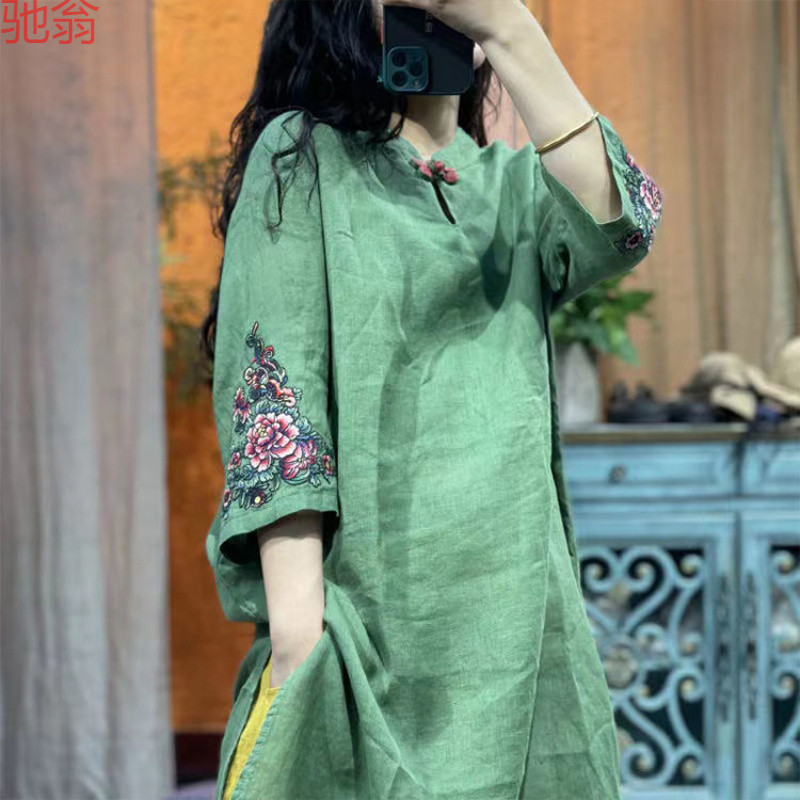W9Q Retro Embroidered Cotton and Linen Dress Women's Summer New Ethnic Style Disc Button Three-Point