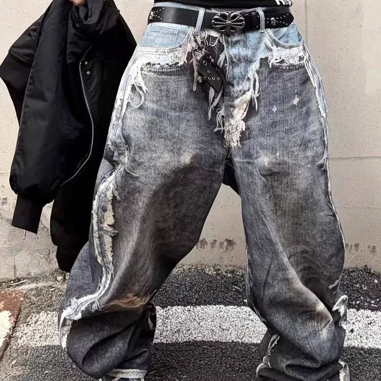 American street wash, distressed 3D printed cleanfit, curved jeans, loose wide leg pants, trendy