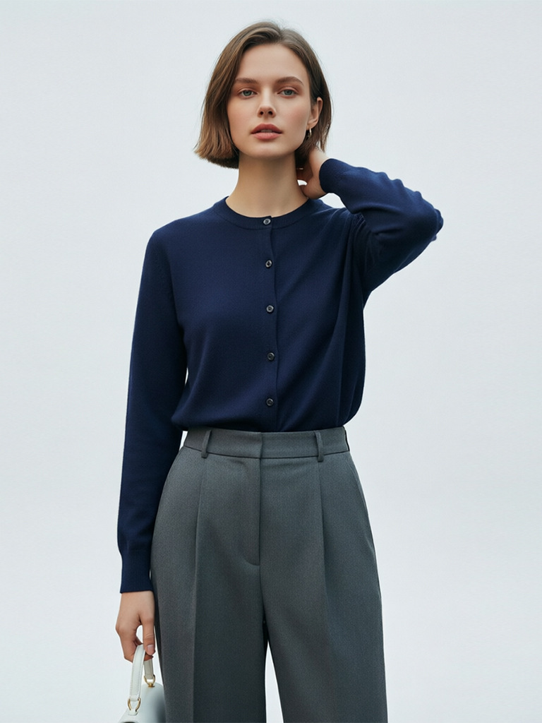 Yaqi Women's Clothing 2026 Spring New Solid Color Cotton Cashmere Knitted Cardigan Round Neck Versatile Slimming Long-Sleeved Sweater Jacket