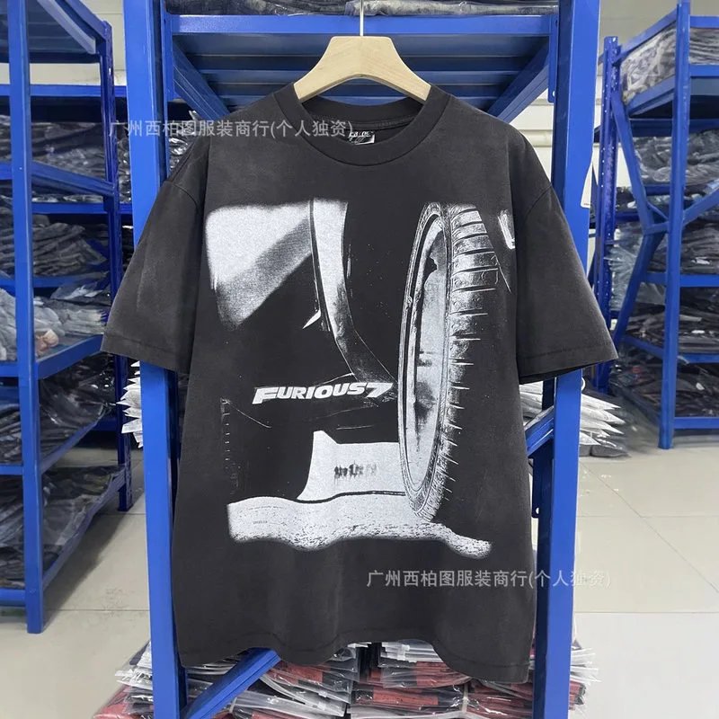 Saint Michael 2025 Spring/Summer short-sleeve “Furious 7” printed washed-and-distressed T-shirt, trendy for both men and women.