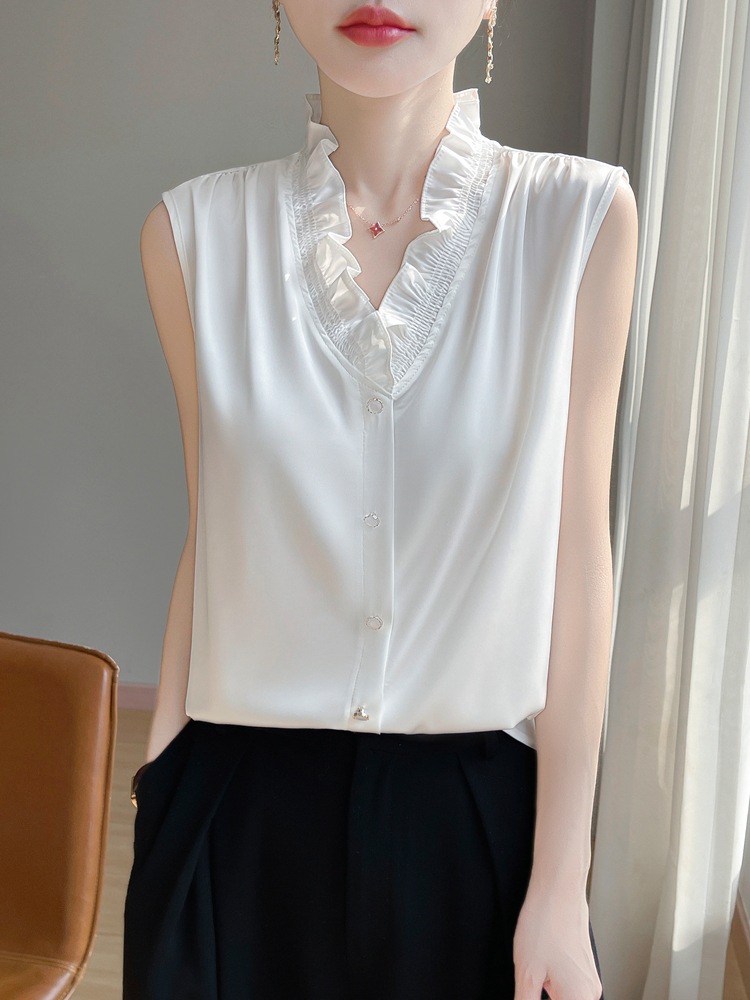 Fungus Lace Sleeveless Top Women's Ruffled V-neck Suit Inner Shirt Silk Satin Vest Elegant All-match