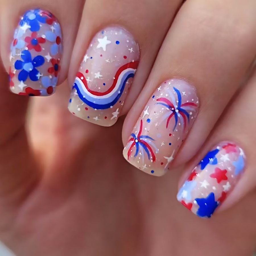 Medium-Sized Glossy Square Nails with Irregular Lines, Flowers, and Fireworks Design for American Independence Day, 24 Pieces