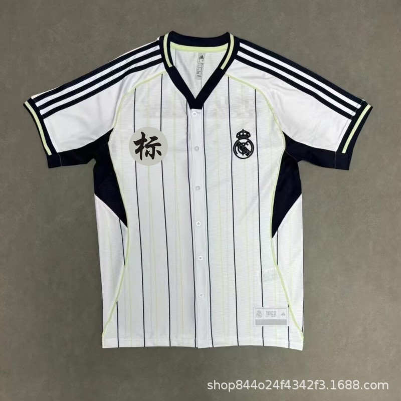 2025 Real Madrid Baseball Jersey Embroidered Cardigan Short-Sleeved Top Summer Mbappe Bellingham Football Jersey