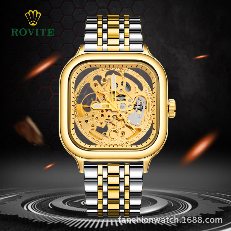 Rovite Square Men's Hollow Mechanical Watch Business Fashion Trend Waterproof Fully Automatic Steel Band Mechanical Watch for Men