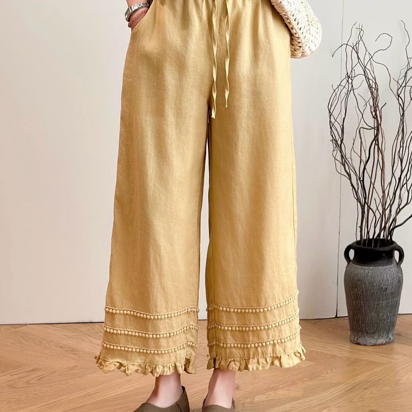 2026 Summer New Style Linen Wide-Leg Cropped Pants Casual Pants Vintage Retro