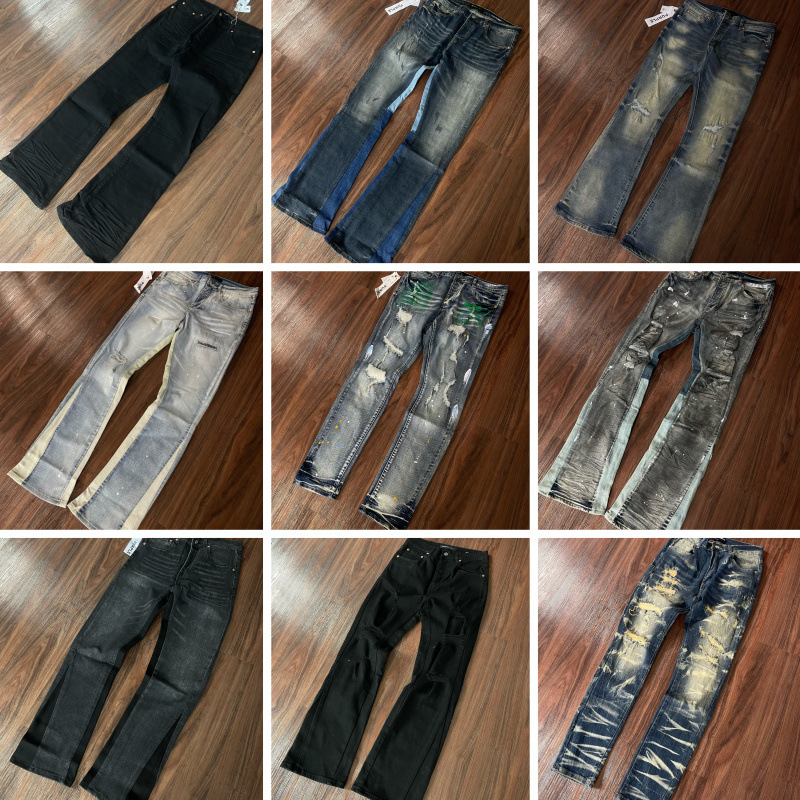 Cross-Border Purple Brand American High Street High-Waisted Flared Jeans for Men, Heavy-Duty Distressed Splatter-Ink Pants Foto QC de 1688 na Qualit.ly
