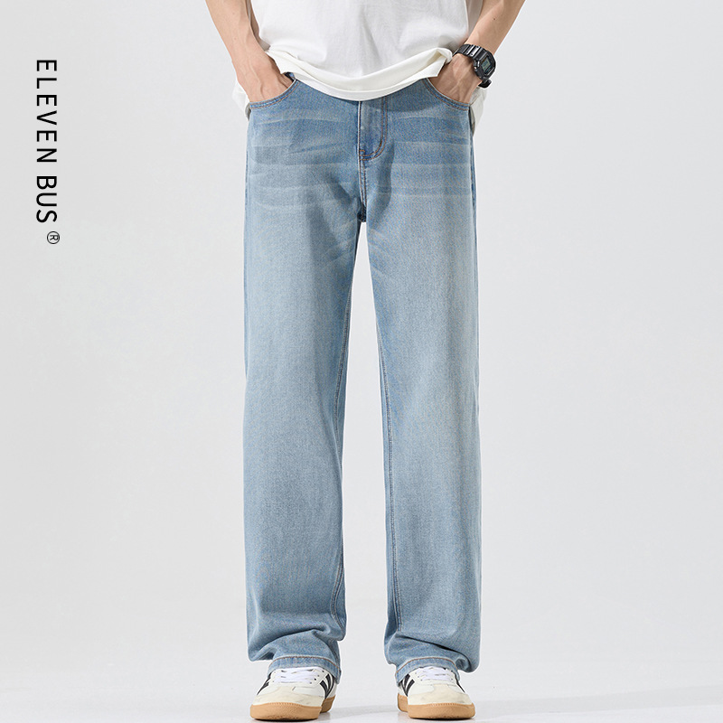 American Style High Street Vintage Lyocell Wide Leg Men's Jeans Summer Thin Straight Casual Denim Long Pants for Men