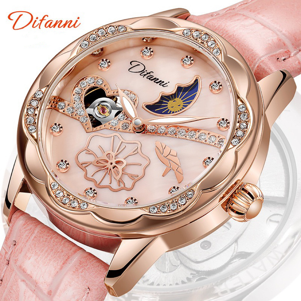 Authentic Sun, Moon, and Stars Diamond-Encrusted Women's Watch, Waterproof, Niche, Luminous, Student Mechanical Watch, Light Luxury, Moon Phase Display