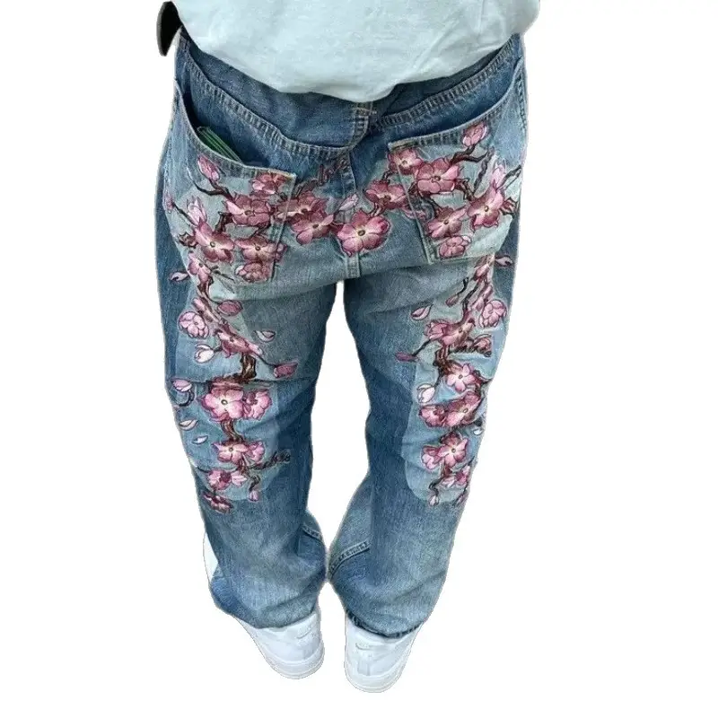 Ins Cross-Border European and American Retro Printed Jeans for Women Y2K Street Niche Design Loose and Versatile Straight Pants Trendy