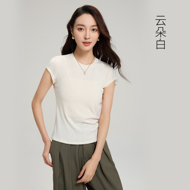 New Women's Short-Sleeve Top [Lyocell] with Small Flutter Sleeves, Slim-Fit, Cool-Touch Half-Sleeve Women's Base Shirt