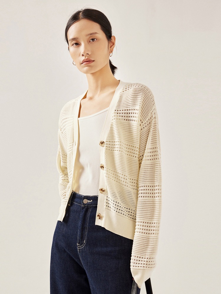 Autumn New Women's Fashion Xiaohuo Same Style Ultra-Fine Cotton V-Neck Knit Sweater White Hollow-Out Cardigan Jacket for Women