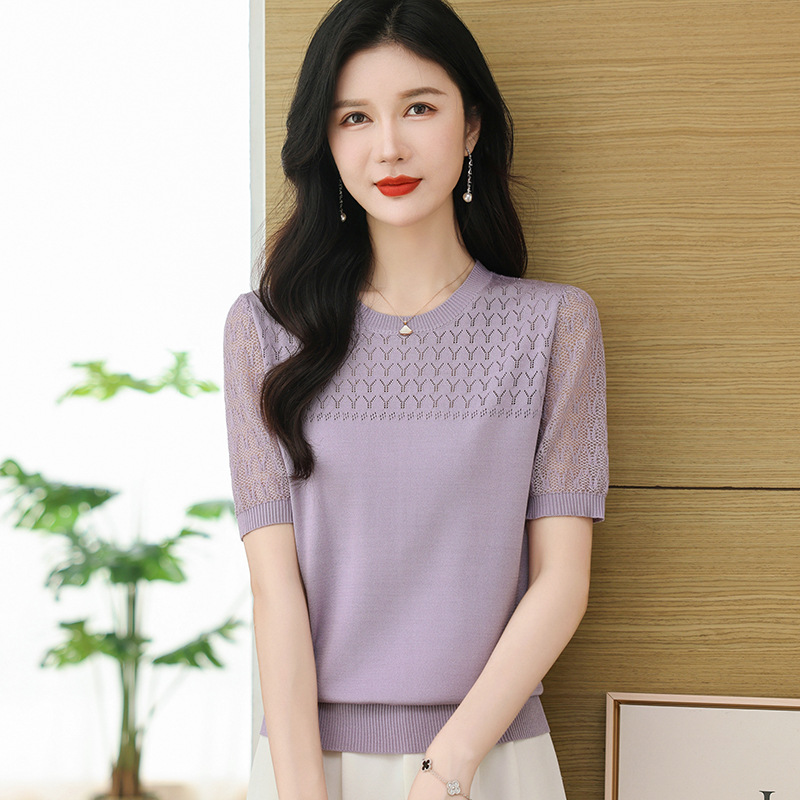 Summer Thin 2025 New Style Threaded Cut Out Knitwear Loose Top Trendy Round Neck Ice Silk Short-Sleeved T-Shirt for Women