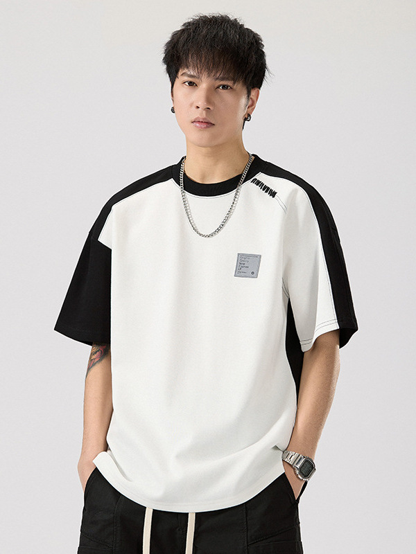 Mingge | heavyweight 260g shoulder color matching round neck T-shirt men's summer new American tide brand loose casual jacket