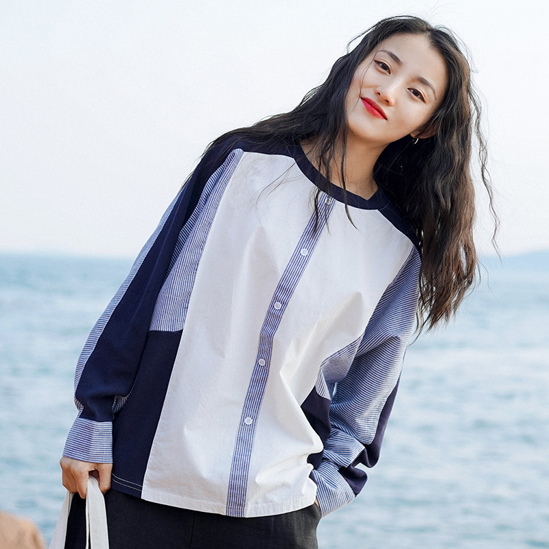 2026 Spring New Round Neck Patchwork Long Sleeve T-Shirt Women's Korean Style Fashion Pullover Loose Artistic Style Wholesale