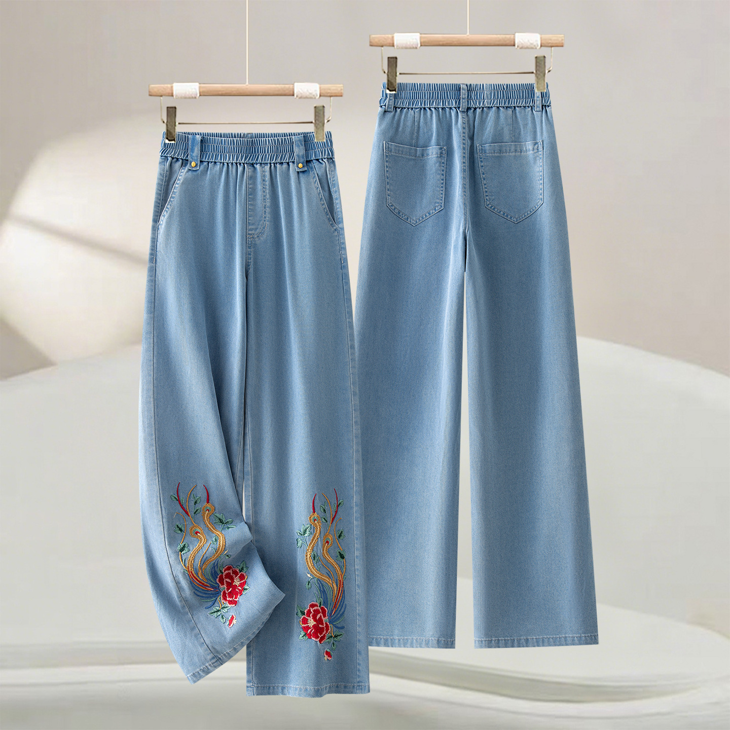 National Style Versatile Embroidered Tencel Denim Wide-Leg Pants for Women 2026 Summer New High-Waisted Elastic Slimming Straight Pants