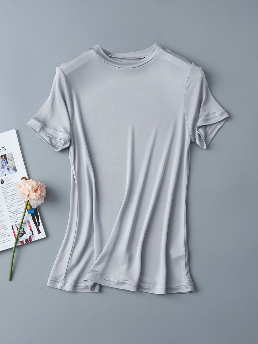 Heavy knitted silk women's short-sleeved T-shirt mulberry silk fashion double-layer small round neck top slim fit all-match bottoming shirt