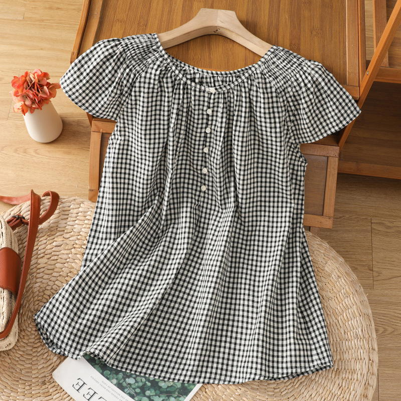 Japanese-Style Minimalist Artistic Bubble Short-Sleeve Plaid Shirt for Women, 2026 Summer Design, Petite Doll Shirt