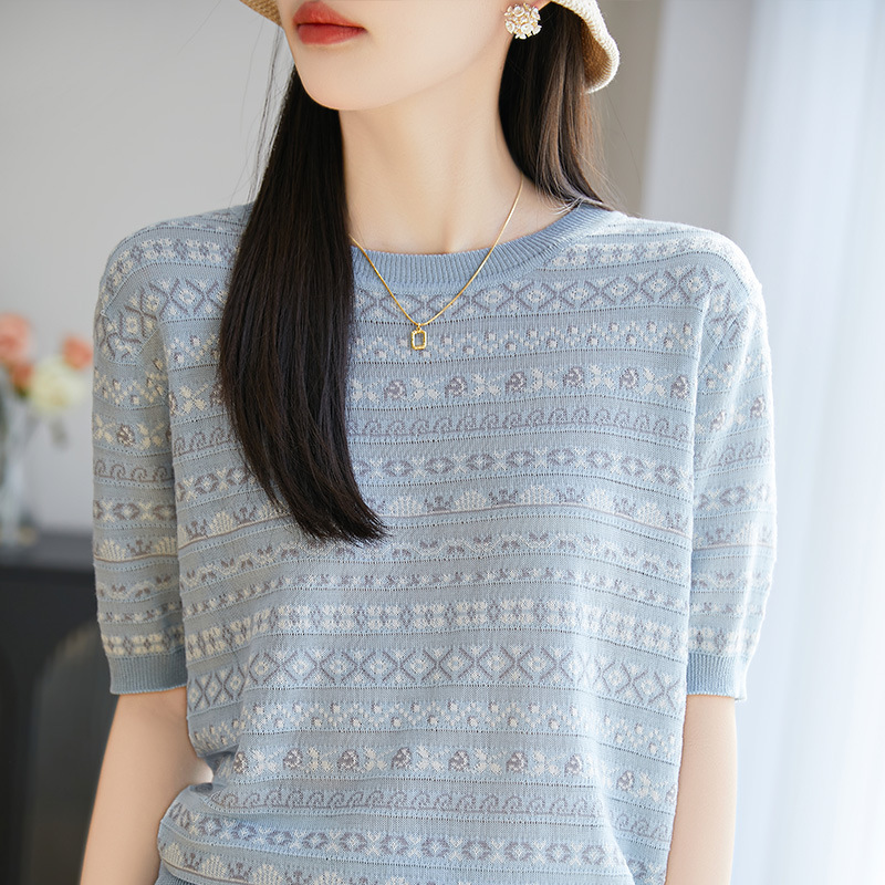 Summer New Arrival Worsted Tencel Knitted Short-Sleeved Women's Crewneck Vintage Jacquard T-Shirt All-Match Half-Sleeve Thin Women's Clothing