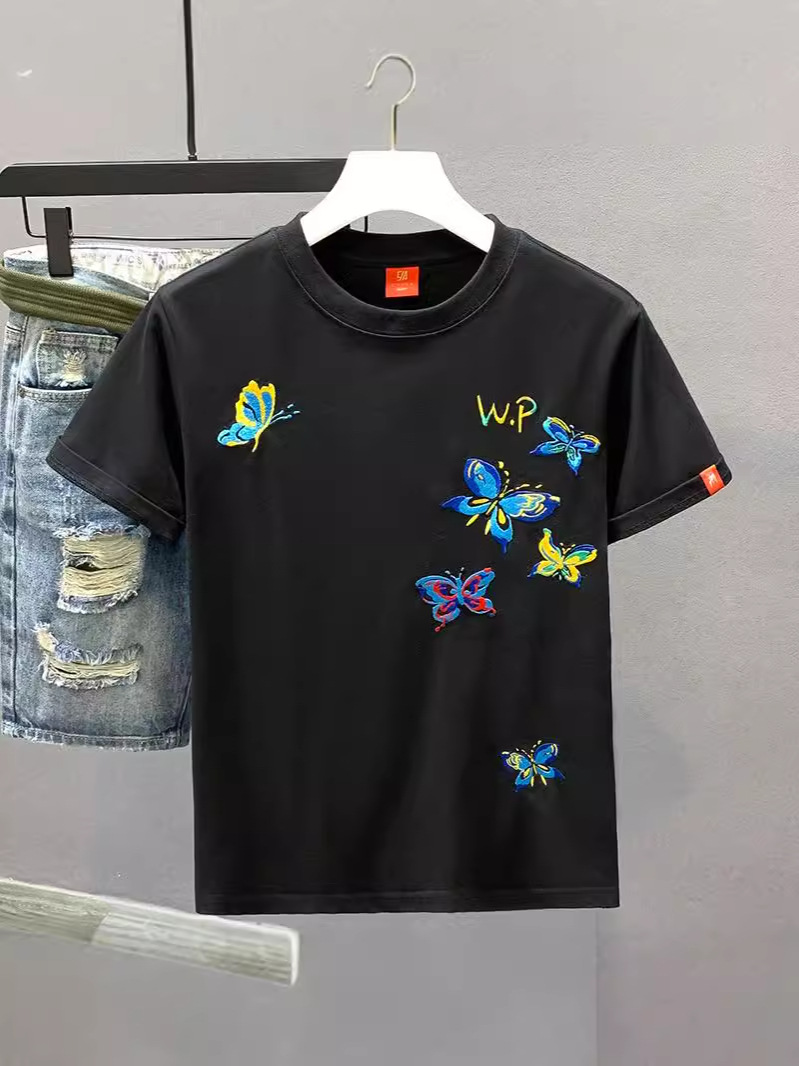Casual Short-sleeved T-shirt Men's Summer Trendy Butterfly 2023 New Loose plus size Top National Trendy Embroidered T-shirt
