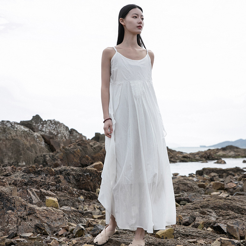2026 Summer Cotton and Linen Women's Clothing: Handmade Flowing and Ethereal Irregular Hem Strap Dress for Travel Photography