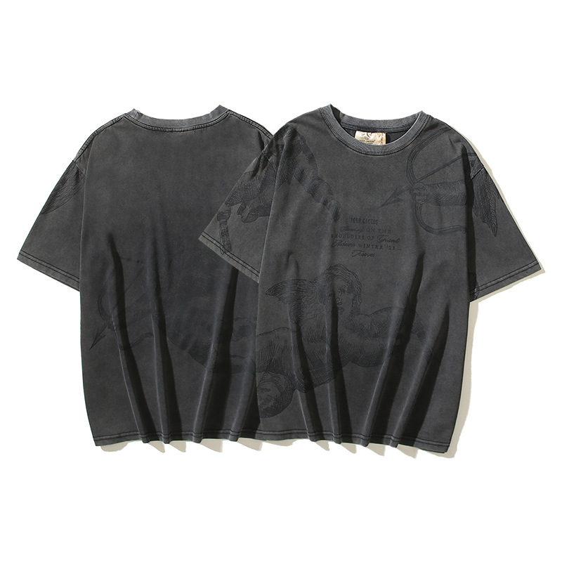 2026 Cross-Border American Street Fashion Rep Little Angel Cupid Print Vintage Distressed Washed Short-Sleeve T-Shirt Half-Sleeve