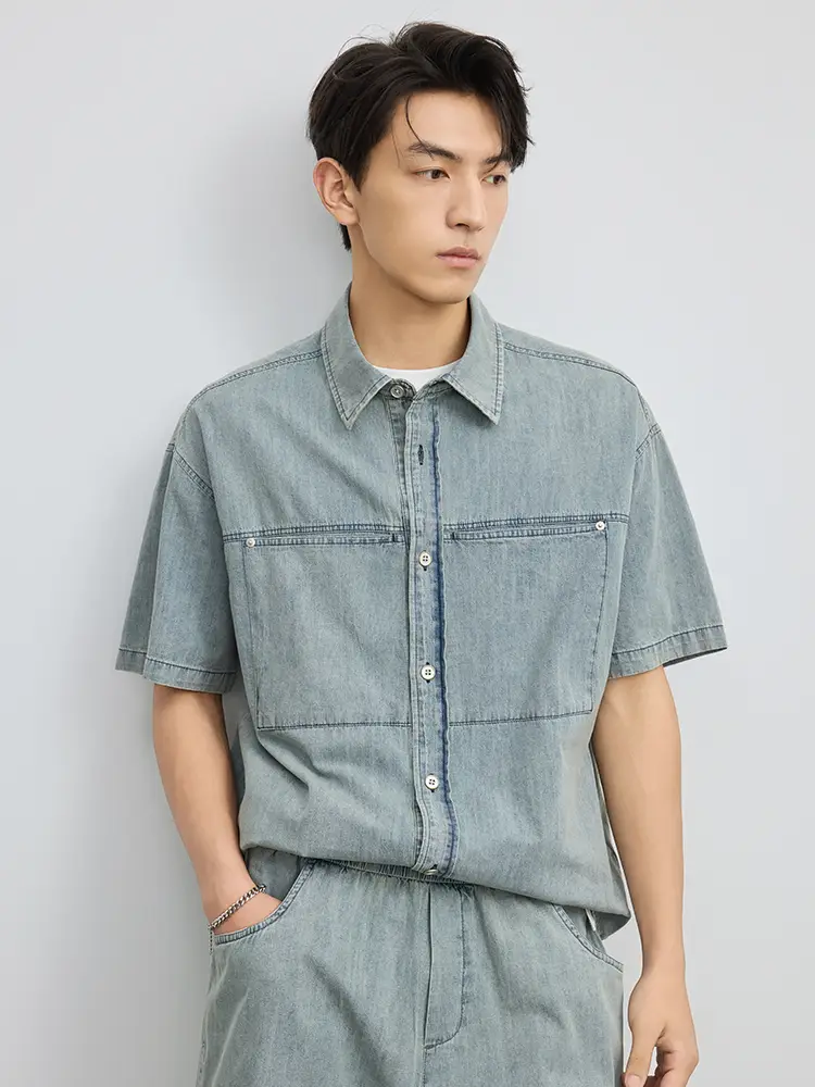 parka Denim Short Sleeve shirt Men 2025 New arrival Summer Casual Shirt Outwear Denim shorts Two-Piece Suit