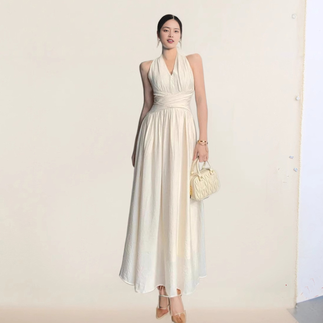 French Hepburn Style Sleeveless V-Neck Pure Color Dress for Women Spring New Style Waist Slimming Look Chic and Beautiful Long Skirt