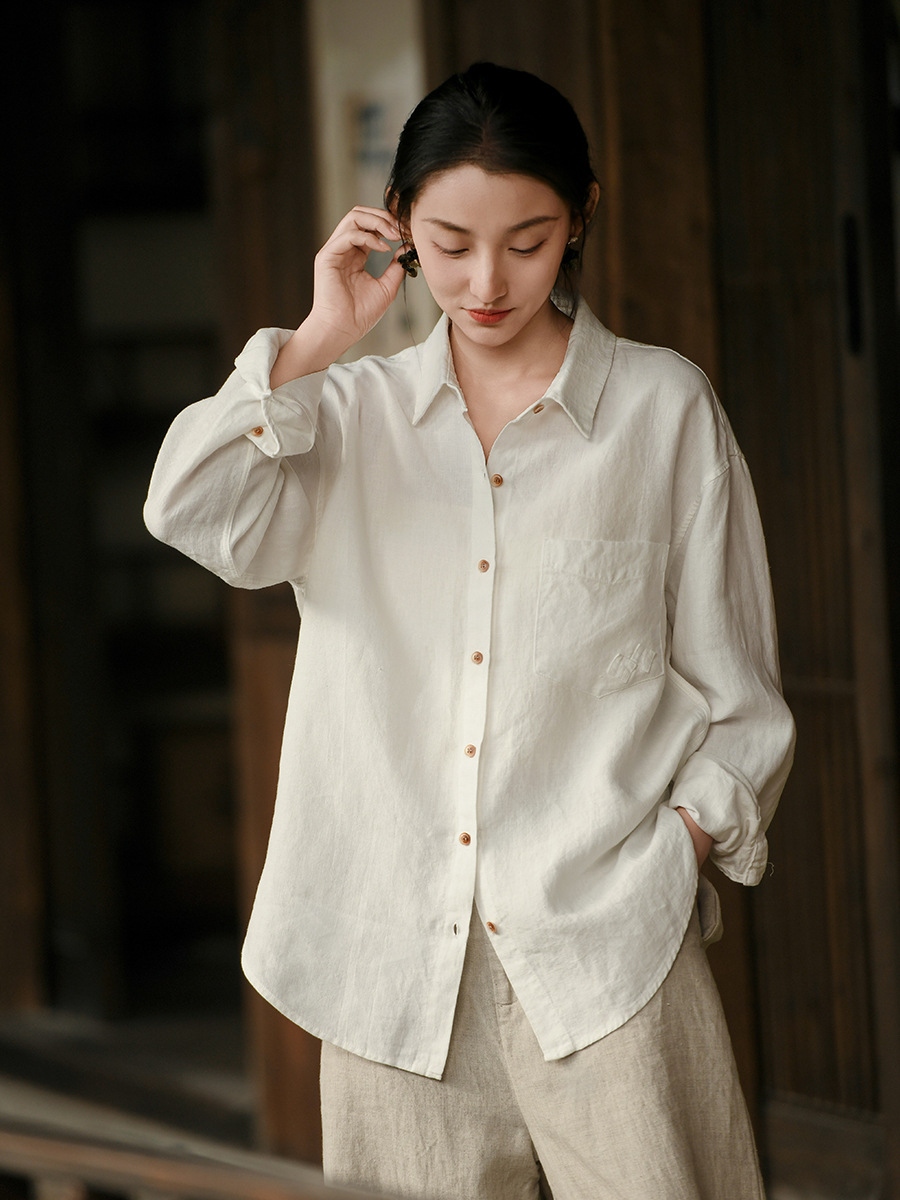 Deer and an Di Spring New Hemp Long-Sleeve Shirt for Women, Loose Fit, High-End Feel, New Chinese Style, Elegant White Shirt for Women