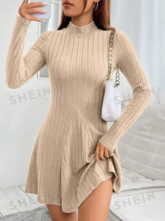 2024 New Autumn and Winter Cross-Border Amazon European and American Fashion Slim-Fit Solid Color Long-Sleeved Knitted Dress for Women