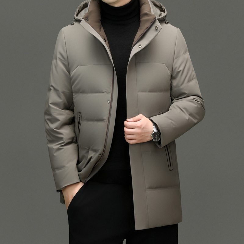 Mid-length Down Jacket Men's Winter New White Duck Down Warm Cold-proof Top Business Casual Thickened Hooded Jacket