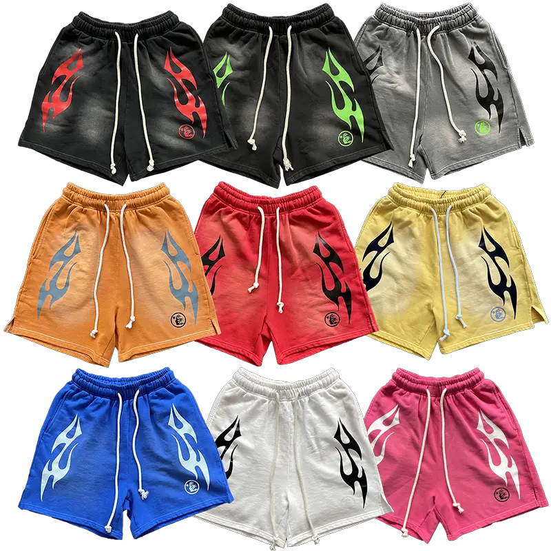 Hellstar Studios Sports Flame Shorts Casual Sports Washed Shorts for Men and Women