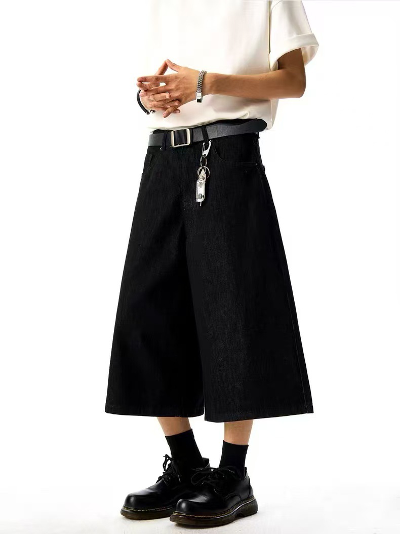 2026 Summer American Retro Dark Blue Denim Cropped Wide-Leg Pants Unisex Loose High-Waisted Slimming Denim Shorts