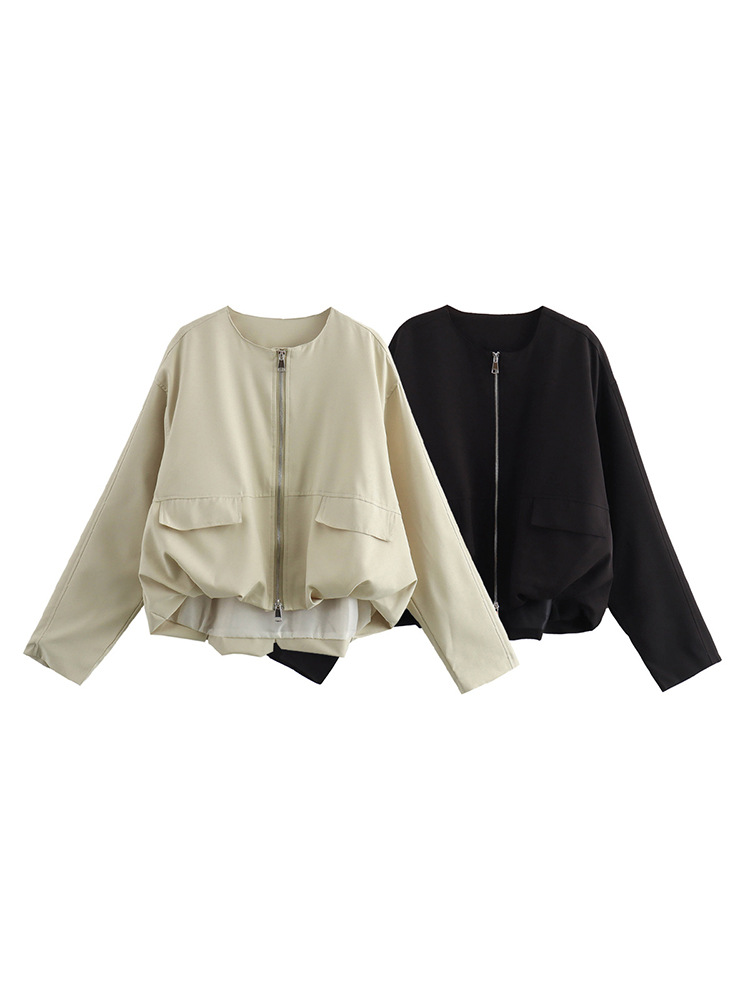 2025 Spring and Summer New Women's Casual Simple Round Neck Long Sleeve Pleated Hem Zipper Bomber Jacket Coat