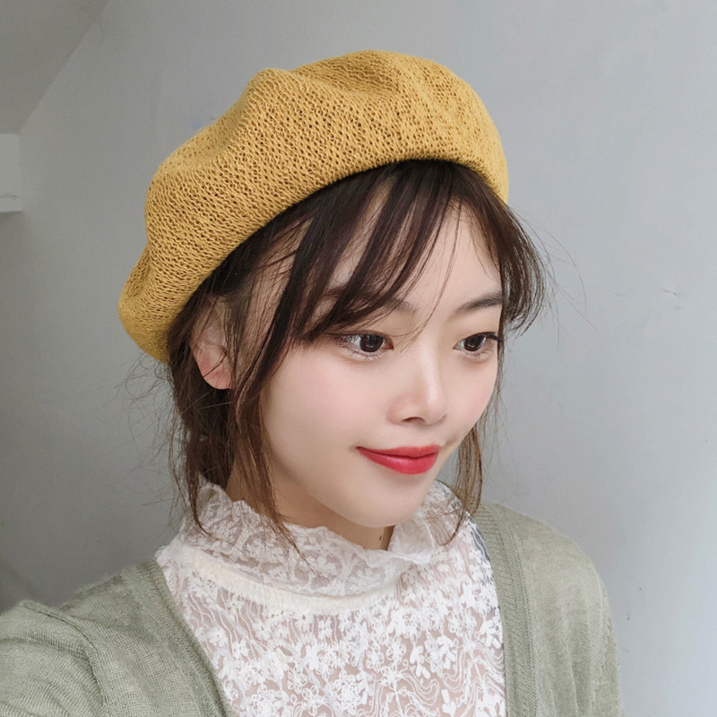 Spring and Summer Japanese Style Sweet Cute Pink Anise Summer Thin Beret Hollow Women's Internet Celebrity Lace Pattern Retro