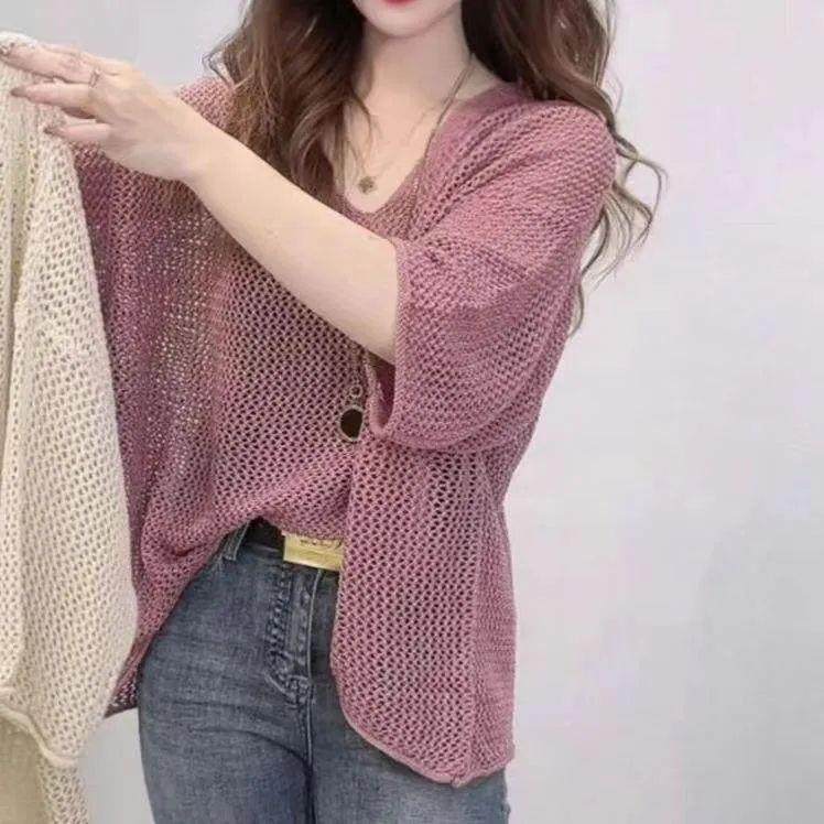 Hollow-Out Knit Sweater Cover-Up for Summer, Fashionable New Style, Solid Color, Loose Fit, Versatile, Thin, Plus Size, Casual Top