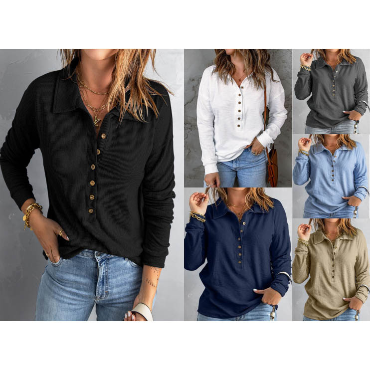 Amazon Cross-Border Solid Color Sweater Women's Single-Breasted Lapel Long-Sleeved Loose Casual Bottoming Top Autumn and Winter New Style